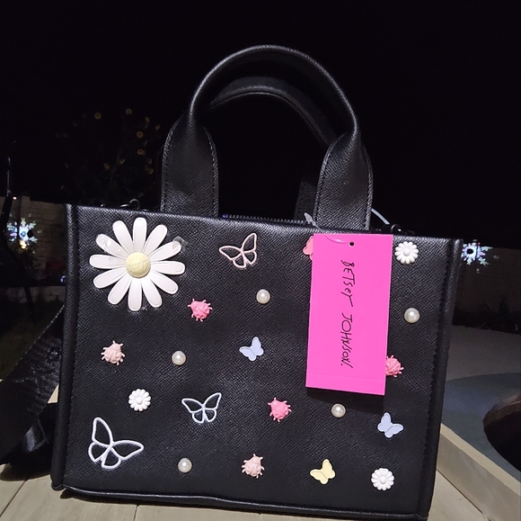 Betsey Johnson Black Tote with Floral and Heart Design - Picture 3 of 6